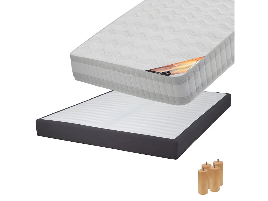 TAHITI - Pack Matelas 140x190 + Sommier Tapissier Démontable 2x20 Lattes Anthracites + Pieds Bois 15cm 1 TAHITI - Pack Matelas 140x190 + Sommier Tapissier Démontable 2x20 Lattes Anthracites + Pieds Bois 15cm