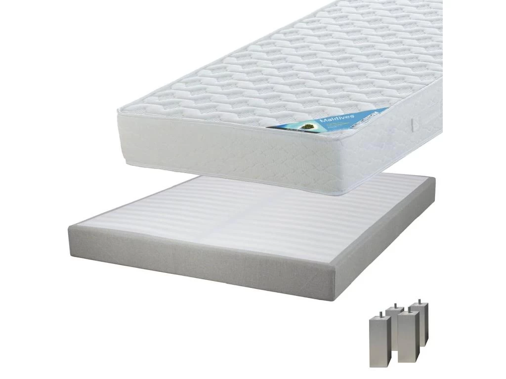 MALDIVES - Pack Matelas 140x190 + Sommier Tapissier Démontable 2x20 Lattes Lin + Pieds Carrés Argent 15cm 1 MALDIVES - Pack Matelas 140x190 + Sommier Tapissier Démontable 2x20 Lattes Lin + Pieds Carrés Argent 15cm