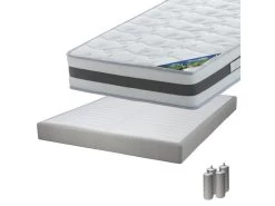 SEYCHELLES - Pack Matelas 140x190 + Sommier Tapissier Démontable 2x20 Lattes Lin + Pieds Argent 15cm