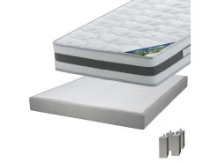 SEYCHELLES - Pack Matelas 140x190 + Sommier Tapissier Démontable 2x20 Lattes Lin + Pieds Carrés Argent 15cm