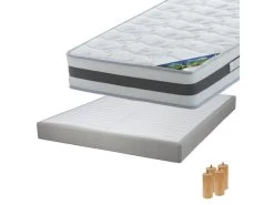 SEYCHELLES - Pack Matelas 140x190 + Sommier Tapissier Démontable 2x20 Lattes Lin + Pieds Bois 15cm