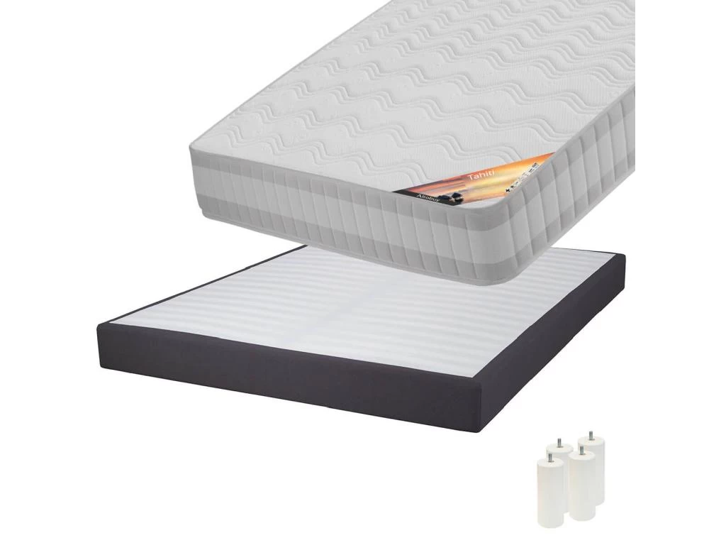 TAHITI - Pack Matelas 140x190 + Sommier Tapissier Démontable 2x20 Lattes Anthracites + Pieds Blancs 15cm 1 TAHITI - Pack Matelas 140x190 + Sommier Tapissier Démontable 2x20 Lattes Anthracites + Pieds Blancs 15cm