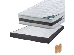 SEYCHELLES - Pack Matelas 140x190 + Sommier Tapissier Démontable 2x20 Lattes Anthracites + Pieds Bois 15cm