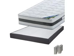 SEYCHELLES - Pack Matelas 140x190 + Sommier Tapissier Démontable 2x20 Lattes Anthracites + Pieds Carrés Argent 15cm