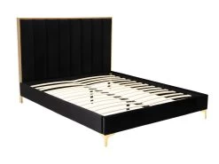 Lit 160 X 200 Cm Avec Tête De Lit Coutures Verticales - Velours - Noir Et Doré - CLARISSE -Magasin de lits fauteuil de bureau 424541