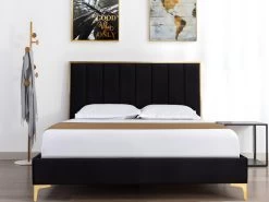 Lit 160 X 200 Cm Avec Tête De Lit Coutures Verticales - Velours - Noir Et Doré - CLARISSE -Magasin de lits fauteuil de bureau 424543