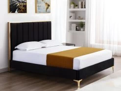 Lit 160 X 200 Cm Avec Tête De Lit Coutures Verticales - Velours - Noir Et Doré - CLARISSE -Magasin de lits fauteuil de bureau 424547