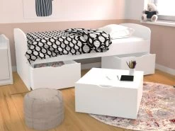 Lit LOUANE Avec 2 Tiroirs Et 1 Coffre De Rangement - 90 X 190 Cm - Blanc