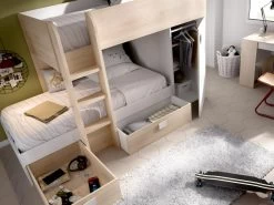 Lits Superposés Réversibles RICARDO - 2 X 90 X 190 Cm - Rangements Intégrés - Chêne Et Blanc -Magasin de lits lit enfant 413961