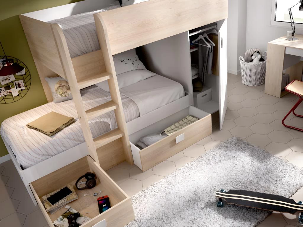 Lits Superposés Réversibles RICARDO - 2 X 90 X 190 Cm - Rangements Intégrés - Chêne Et Blanc + Matelas 5 Lits Superposés Réversibles RICARDO - 2 X 90 X 190 Cm - Rangements Intégrés - Chêne Et Blanc + Matelas – Image 5