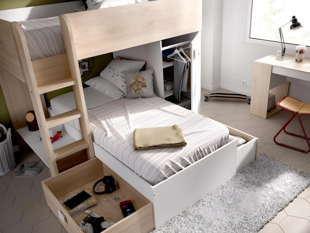 Lits Superposés Réversibles RICARDO - 2 X 90 X 190 Cm - Rangements Intégrés - Chêne Et Blanc + Matelas 11 Lits Superposés Réversibles RICARDO - 2 X 90 X 190 Cm - Rangements Intégrés - Chêne Et Blanc + Matelas – Image 11