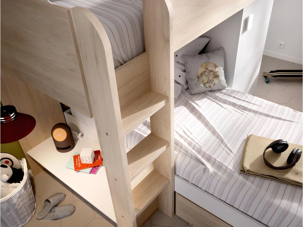 Lits Superposés Réversibles RICARDO - 2 X 90 X 190 Cm - Rangements Intégrés - Chêne Et Blanc + Matelas 2 Lits Superposés Réversibles RICARDO - 2 X 90 X 190 Cm - Rangements Intégrés - Chêne Et Blanc + Matelas – Image 2