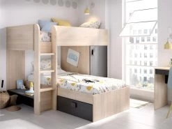 Lits Superposés Réversibles RICARDO - 2 X 90 X 190 Cm - Rangements Intégrés - Chêne Et Anthracite