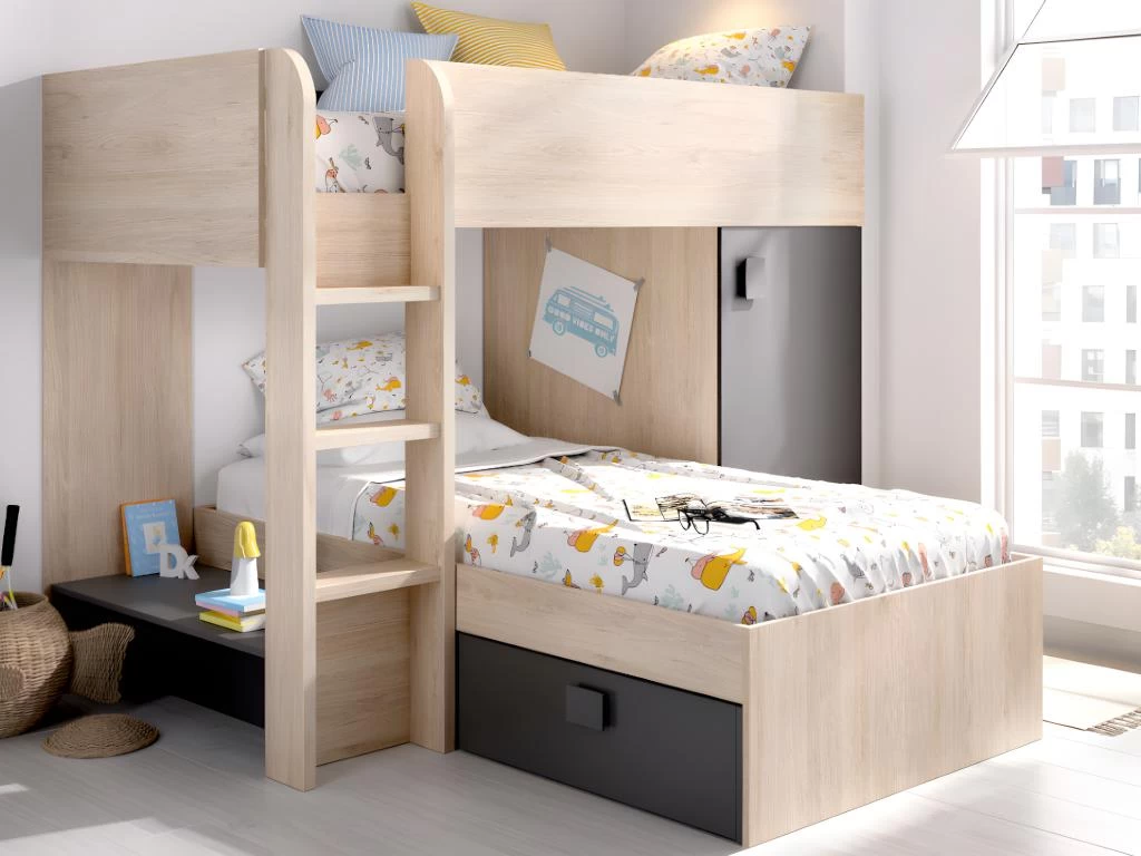 Lits Superposés Réversibles RICARDO - 2 X 90 X 190 Cm - Rangements Intégrés - Chêne Et Anthracite 2 Lits Superposés Réversibles RICARDO - 2 X 90 X 190 Cm - Rangements Intégrés - Chêne Et Anthracite – Image 2