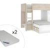 Lits Superposés Réversibles RICARDO - 2 X 90 X 190 Cm - Rangements Intégrés - Chêne Et Blanc + Matelas