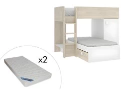 Lits Superposés Réversibles RICARDO - 2 X 90 X 190 Cm - Rangements Intégrés - Chêne Et Blanc + Matelas