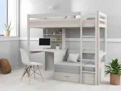 Lit Mezzanine GOLIATH II Avec Bureau, Sofa Convertible Et Rangements - 90 X 200 Cm - Pin Massif - Blanchi + Matelas