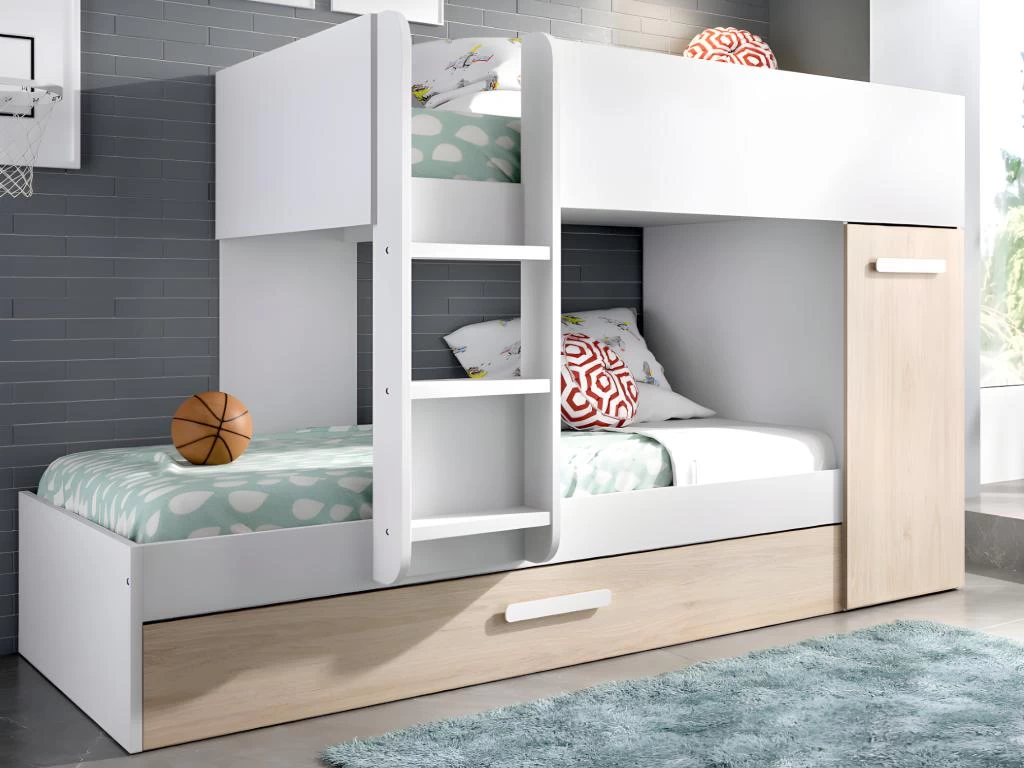 Lits Superposés Avec Tiroir Lit Gigogne Et Rangements 3 X 90 X 190 Cm - Blanc Et Naturel + Matelas - ANTHONY 2 Lits Superposés Avec Tiroir Lit Gigogne Et Rangements 3 X 90 X 190 Cm - Blanc Et Naturel + Matelas - ANTHONY – Image 2