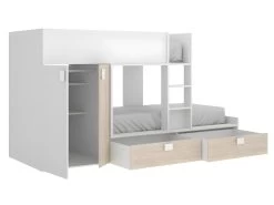 Lits Superposés 2 X 90 X 190 Cm - Armoire Intégrée - Blanc Et Naturel - JUANITO -Magasin de lits lit enfant 427191