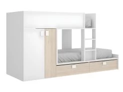 Lits Superposés 2 X 90 X 190 Cm - Armoire Intégrée - Blanc Et Naturel - JUANITO -Magasin de lits lit enfant 427193