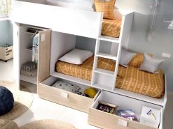 Lits Superposés 2 X 90 X 190 Cm - Armoire Intégrée - Blanc Et Naturel - JUANITO -Magasin de lits lit enfant 427201