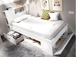 Lit Avec Tête De Lit Rangements Et Tiroir - 90 X 190 Cm - Blanc + Matelas + Sommier - LEANDRE -Magasin de lits lit enfant 434871