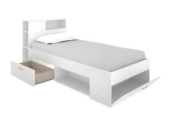 Lit Avec Tête De Lit Rangements Et Tiroir - 90 X 190 Cm - Blanc + Matelas + Sommier - LEANDRE -Magasin de lits lit enfant 434873