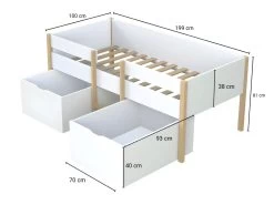 Lit Mi-hauteur SISSY - 2 Tiroirs - 90 X 190 Cm - Blanc Et Chêne -Magasin de lits lit enfant 446273
