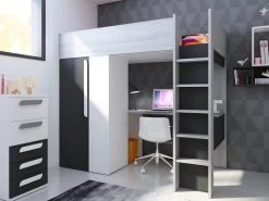 Lit Mezzanine 90 X 200 Cm Avec Armoire Et Bureau - Anthracite Et Blanc - NICOLAS II