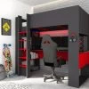 Lit Mezzanine Gamer NOAH Avec Bureau Et Rangements Intégrés - 90 X 200 Cm - Avec LEDs - Anthracite Et Rouge