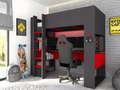 Lit Mezzanine Gamer NOAH Avec Bureau Et Rangements Intégrés - 90 X 200 Cm - Avec LEDs - Anthracite Et Rouge