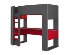Lit Mezzanine Gamer NOAH Avec Bureau Et Rangements Intégrés - 90 X 200 Cm - Avec LEDs - Anthracite Et Rouge -Magasin de lits lit enfant 450971