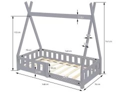 Lit Tipi D'enfants Gris Clair Avec Protection Antichutes Tente De Jeu ML-DESIGN -Magasin de lits lit 10061207