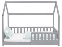 Lit D'enfants En Bois De Pin Gris Avec Protection Antichute Et Toit 160x80 Cm ML-DESIGN