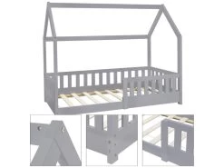 Lit D'enfants En Bois De Pin Gris Avec Protection Antichute Et Toit 160x80 Cm ML-DESIGN -Magasin de lits lit 10061905