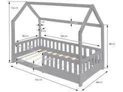 Lit D'enfants En Bois De Pin Gris Avec Protection Antichute Et Toit 160x80 Cm ML-DESIGN -Magasin de lits lit 10061907