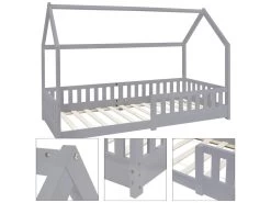 Lit Pour Enfants Gris Clair En Bois Avec Toit Et Protection Antichute ML-DESIGN -Magasin de lits lit 10061965