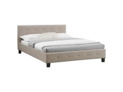 Lit Double Pour Adulte MATHIEU Avec Sommier 140x190 Cm 2 Places / 2 Personnes, Tête Et Pied De Lit Capitonnés, En Tissu Beige