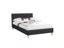 Lit Simple Pour Adulte LILLE 120x190 Cm 1 Place Et Demi / 1 Personne, Avec Sommier Et Pieds En Bois, Tissu Capitonné Noir