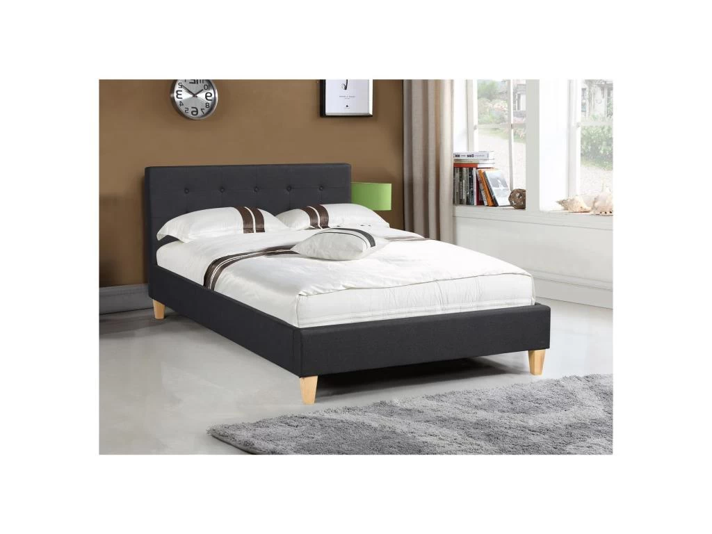 Lit Simple Pour Adulte LILLE 120x190 Cm 1 Place Et Demi / 1 Personne, Avec Sommier Et Pieds En Bois, Tissu Capitonné Noir 2 Lit Simple Pour Adulte LILLE 120x190 Cm 1 Place Et Demi / 1 Personne, Avec Sommier Et Pieds En Bois, Tissu Capitonné Noir – Image 2