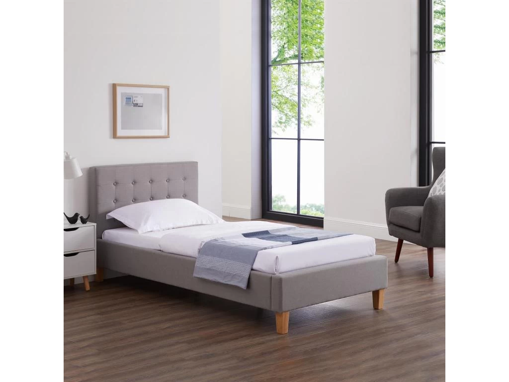 Lit Simple Pour Adulte Ou Enfant LILLE 90x190 Cm 1 Place / 1 Personne, Avec Sommier Et Pieds En Bois, Tissu Capitonné Gris 2 Lit Simple Pour Adulte Ou Enfant LILLE 90x190 Cm 1 Place / 1 Personne, Avec Sommier Et Pieds En Bois, Tissu Capitonné Gris – Image 2