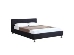 Lit Double Pour Adulte NIZZA 140x190 Cm 2 Places / 2 Personnes, Avec Sommier Et Pieds En Métal Chromé, Tissu Capitonné Noir