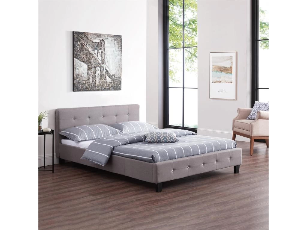 Lit Double Pour Adulte JOSY Avec Sommier 140x190 Cm 2 Places / 2 Personnes, Tête Et Pied De Lit Capitonnés Avec Strass En Tissu Gris 2 Lit Double Pour Adulte JOSY Avec Sommier 140x190 Cm 2 Places / 2 Personnes, Tête Et Pied De Lit Capitonnés Avec Strass En Tissu Gris – Image 2