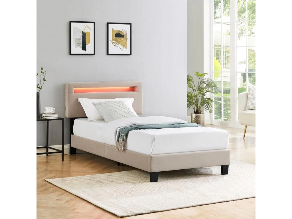 Lit LED Simple 90x190 Cm Avec Sommier, Tête De Lit Réglable En Hauteur, En Tissu Beige, AUSTIN 2 Lit LED Simple 90x190 Cm Avec Sommier, Tête De Lit Réglable En Hauteur, En Tissu Beige, AUSTIN – Image 2