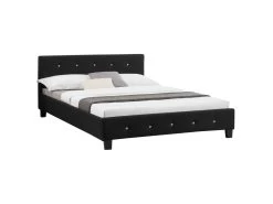 Lit Double Pour Adulte JOSY Avec Sommier 140x190 Cm 2 Places / 2 Personnes, Tête Et Pied De Lit Capitonnés Avec Strass En Tissu Noir