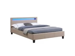 Lit LED Double 140x190 Cm Avec Sommier, Tête De Lit Confortable, Lit 1 Place Revêtement En Tissu Beige, RIOJA