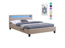 Lit LED Double 140x190 Cm Avec Sommier, Tête De Lit Confortable, Lit 1 Place Revêtement En Tissu Beige, RIOJA -Magasin de lits lit 10584613