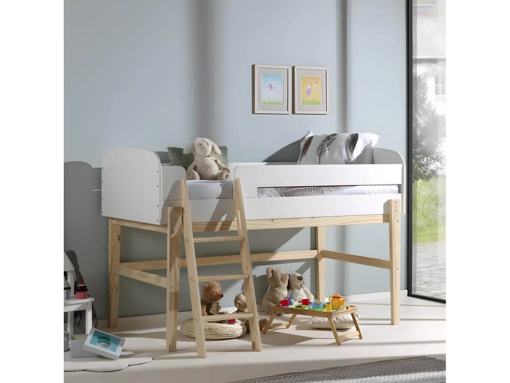 BODHI WHITE - Lit Surélevé 90x200cm H.120cm Blanc Et Bois 2 BODHI WHITE - Lit Surélevé 90x200cm H.120cm Blanc Et Bois – Image 2