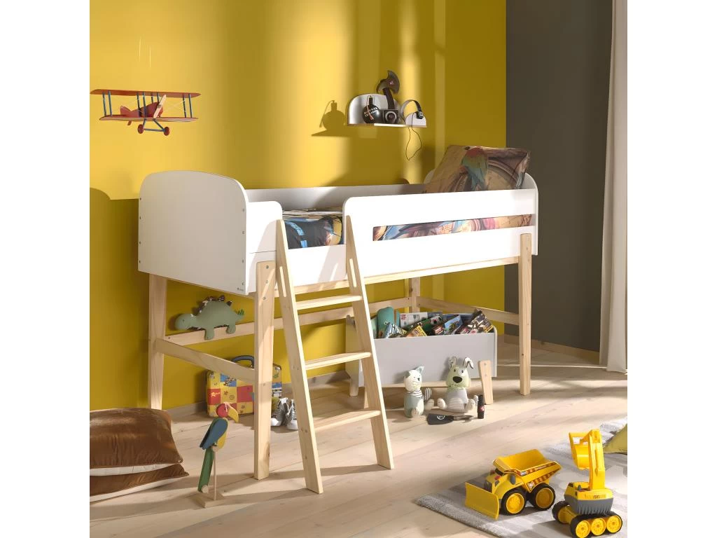 BODHI WHITE - Lit Surélevé 90x200cm H.120cm Blanc Et Bois 4 BODHI WHITE - Lit Surélevé 90x200cm H.120cm Blanc Et Bois – Image 4