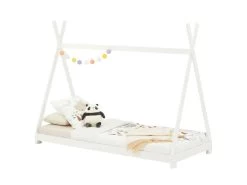 Lit Tipi ELIN Lit Enfant Simple En Bois, 90 X 200 Cm, En Pin Massif Lasuré Blanc